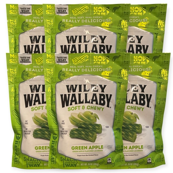 Wiley Wallaby Other - (6) Wiley Wallaby 10 oz Australian Green Apple Licorice Soft Chewy Candy Twists